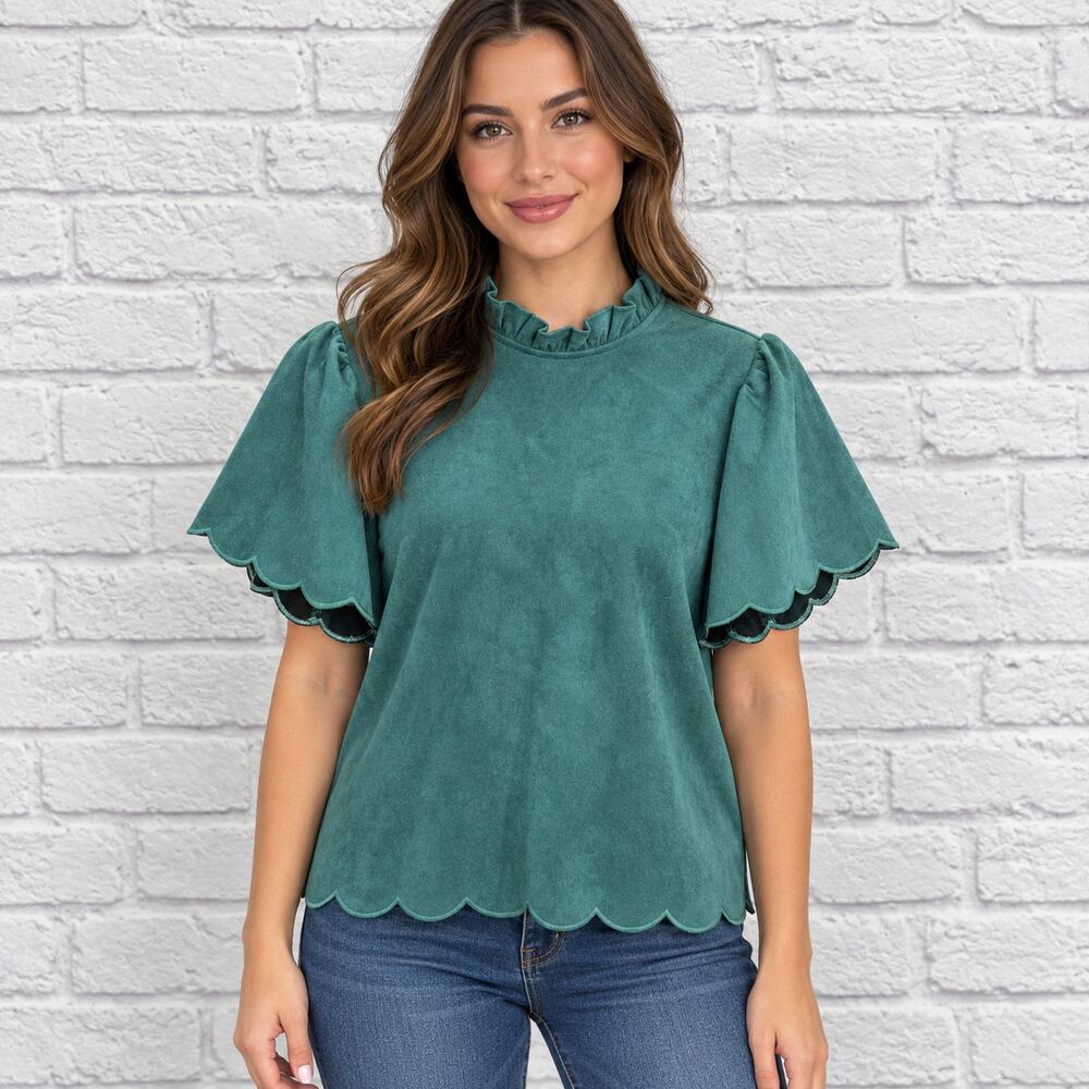 THML Womens Scalloped Blouse Size S Short Sleeve Turquoise Green Keyhole Ruffle